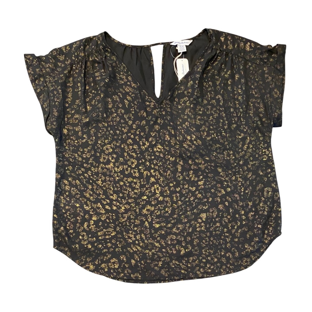 Tommy Bahama Black Gold Animal Print Short‎ Sleeve V Neck Blouse Top